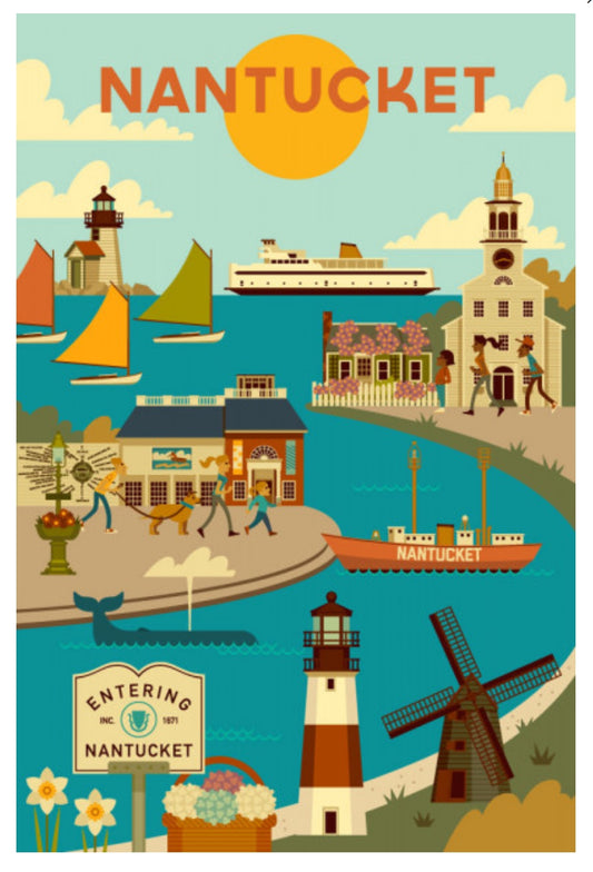 Lantern Press Postcard featuring a geometric illustration of Nantucket, Massachusetts with lighthouses, boats, and buildings.