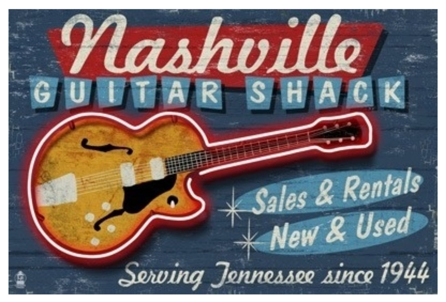 Nashville, Tennessee - Guitar Shack Vintage Sign Postcard featuring a neon sign for Nashville Guitar Shack with guitar illustration on a blue background
