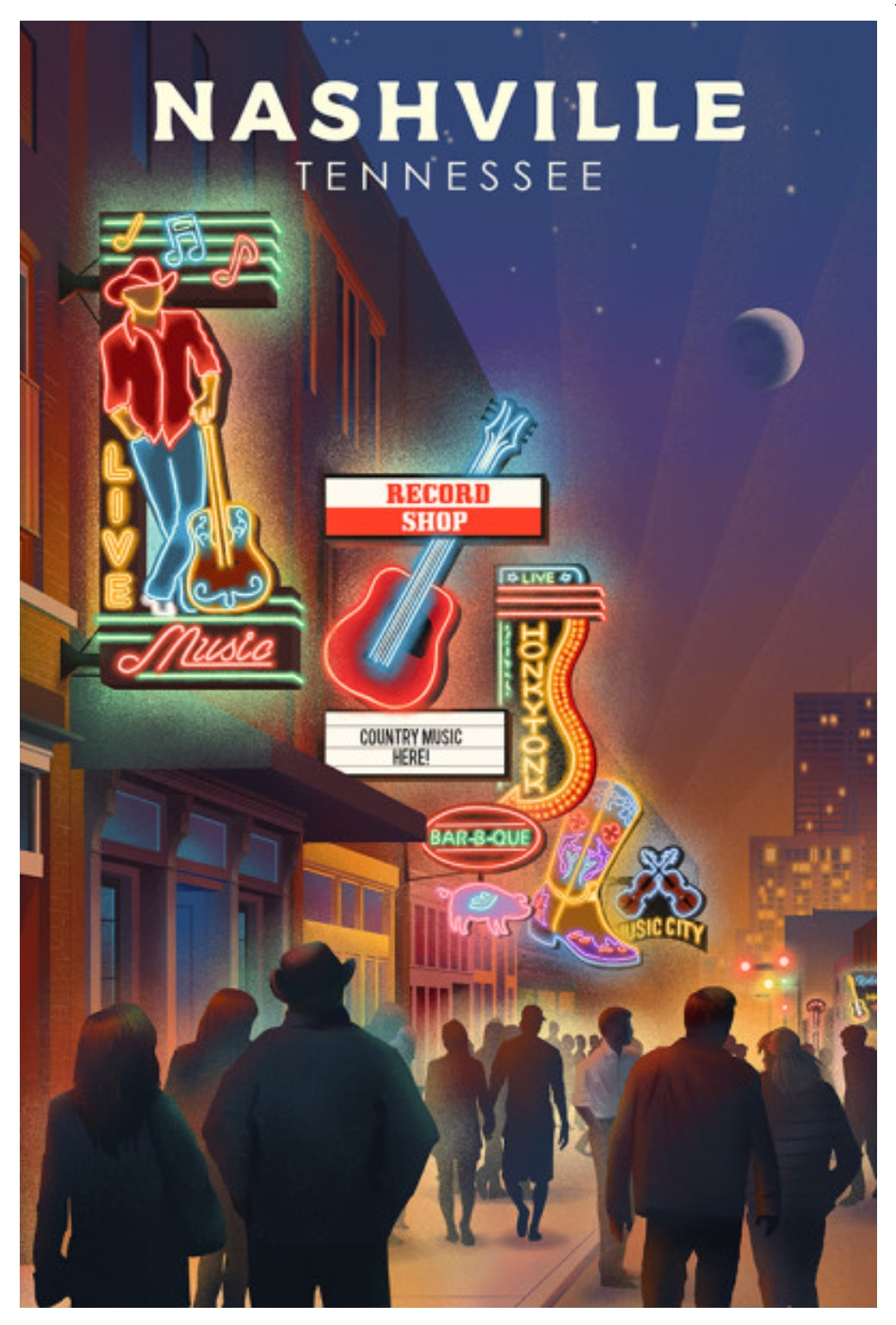 Nashville Tennesse Postcard by Lantern Press featuring Broadway and neon signs with people walking