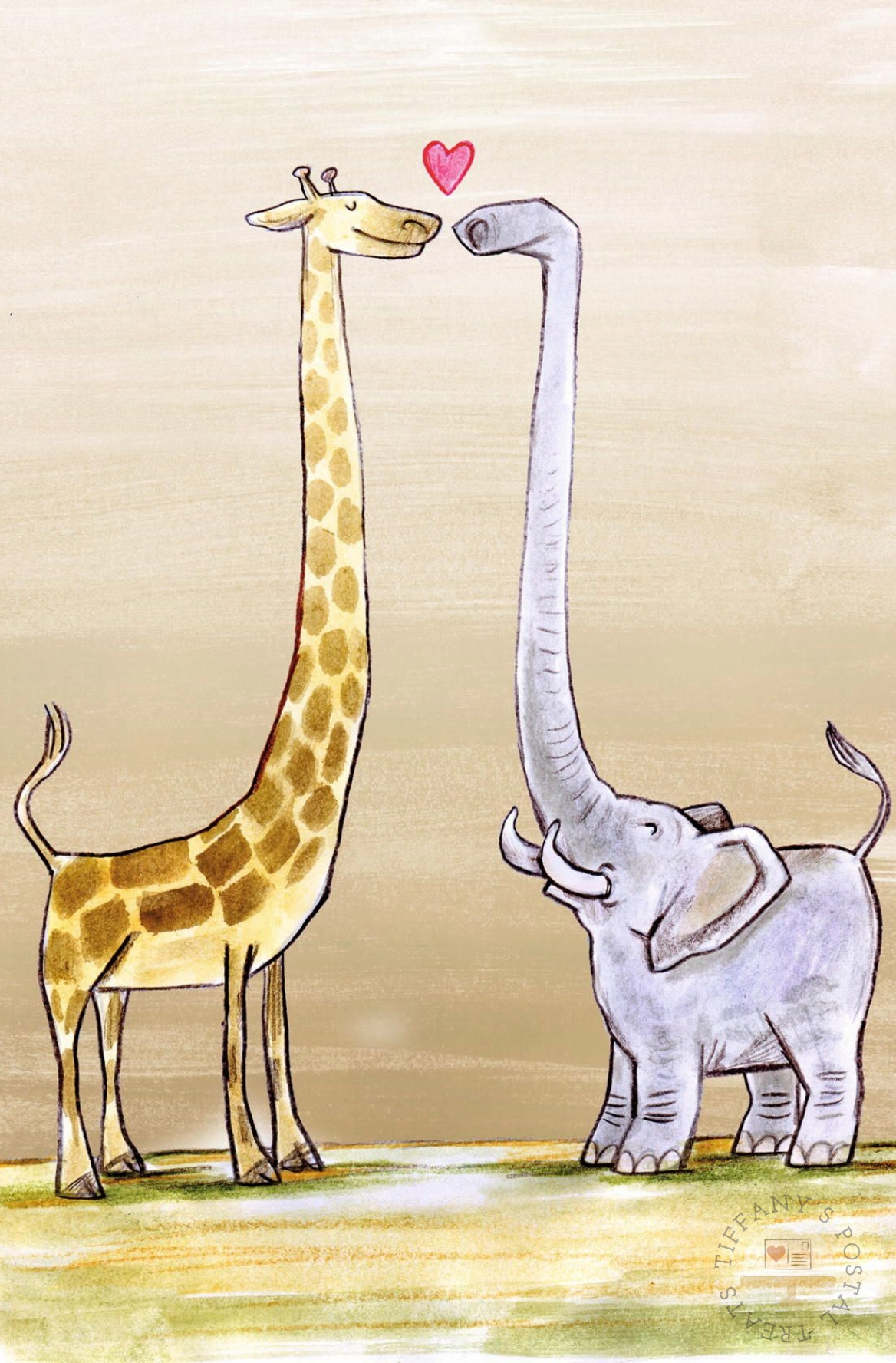 Neck and Trunk Postcard Postcard by Inkognito featuring a giraffe and an elephant facing each other with a small pink heart between them, set against a warm beige background.