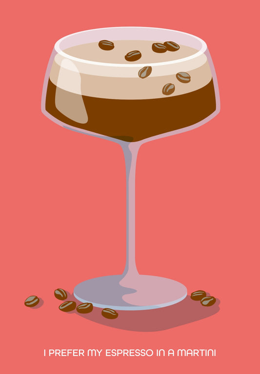 Espresso Martini Postcard by Nobis Design featuring an illustration of an espresso martini with coffee beans on a pink background