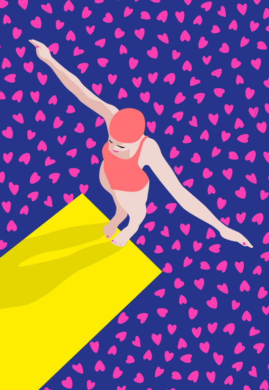 High Diver into the Sea of Hearts Postcard by Nobis Design featuring a high diver on a diving board
