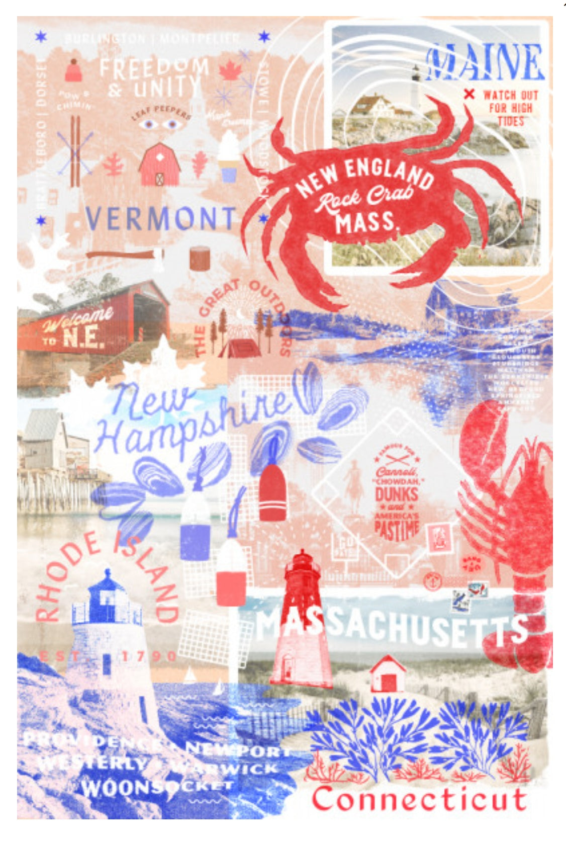 New England Collage Postcard by Lantern Press featuring coastal New England landmarks and typography for Massachusetts, Rhode Island, New Hampshire, Maine, Vermont, and Connecticut, with red, blue, and off-white illustrations and text.