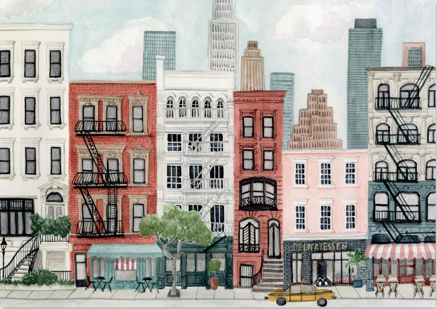 New York City Postcard by Mélanie Voituriez featuring a city street with colorful buildings and a yellow taxi.
