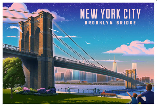 Lantern Press Postcard featuring an illustration of the Brooklyn Bridge and New York City skyline with people enjoying the view.