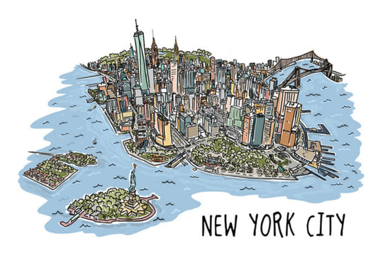 Lantern Press Line Drawing postcard featuring an illustration of New York City with iconic landmarks on a white background.