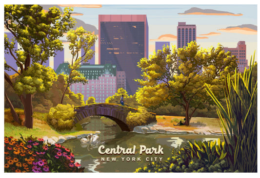New York City Lantern Press Postcard featuring an illustration of Central Park with a bridge, trees, and city skyline.