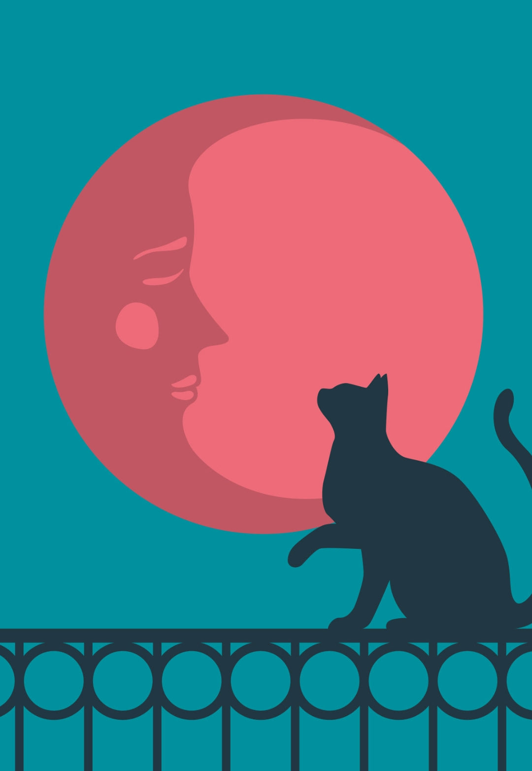 Cat Postcard by Nobiyama for Nobis Design featuring a silhouette of a cat on a fence and a pink moon on a teal background