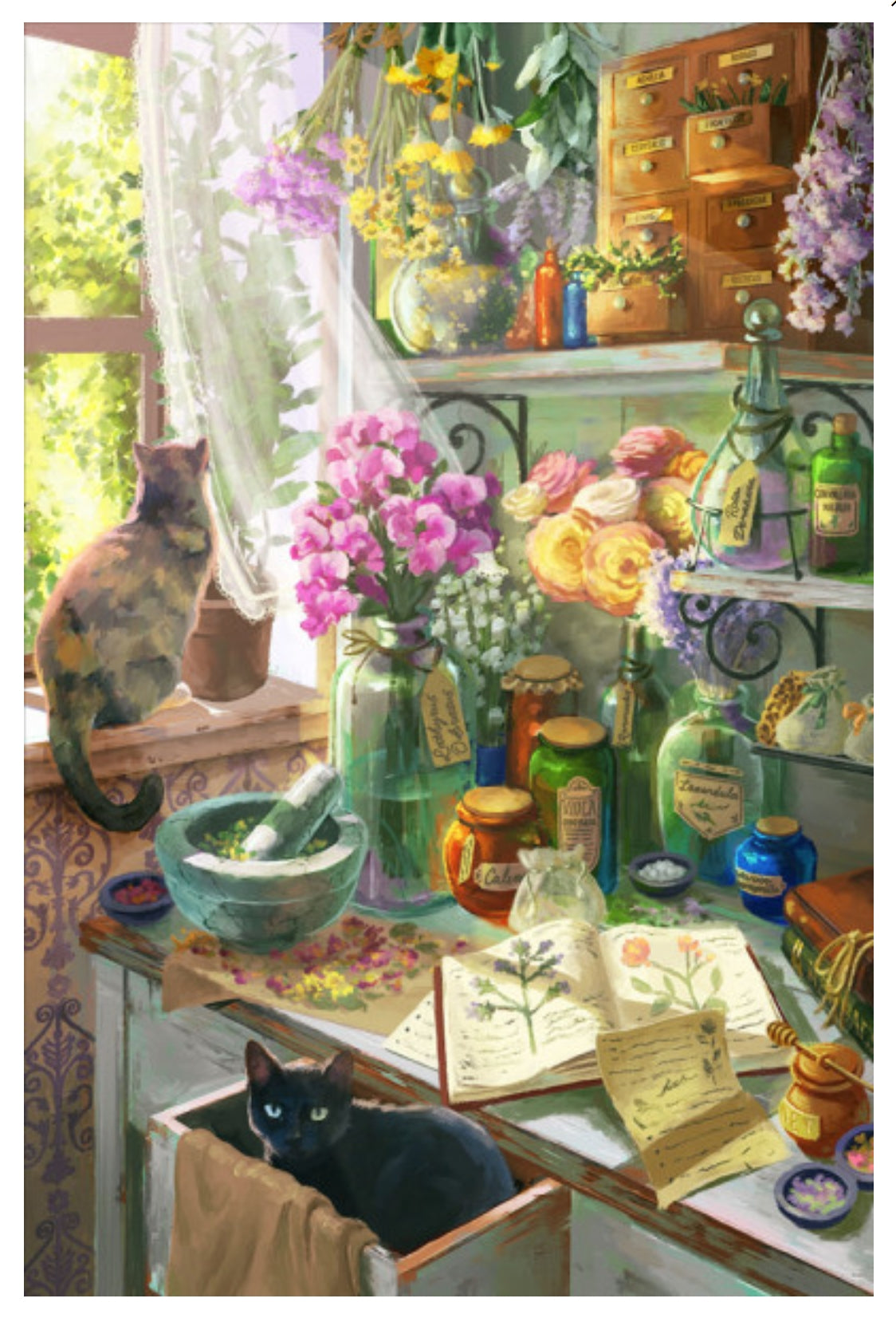 Garden Apothecary Postcard by Lantern Press featuring a cozy apothecary-style room filled with flowers, glass bottles, herbs, old books, and two cats—one sitting on a windowsill and one resting in a drawer.