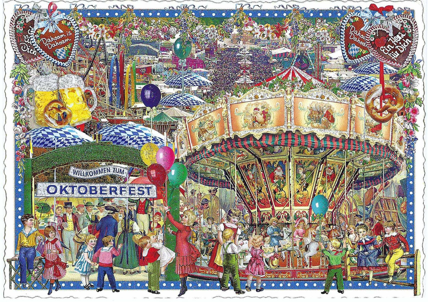 Oktoberfest Postcard by Barbara Behr with glitter details featuring a highly detailed, colorful Oktoberfest-themed illustration featuring a carousel, beer tents, pretzels, balloons, and people in traditional clothing, framed by a decorative border with hearts and pretzels.