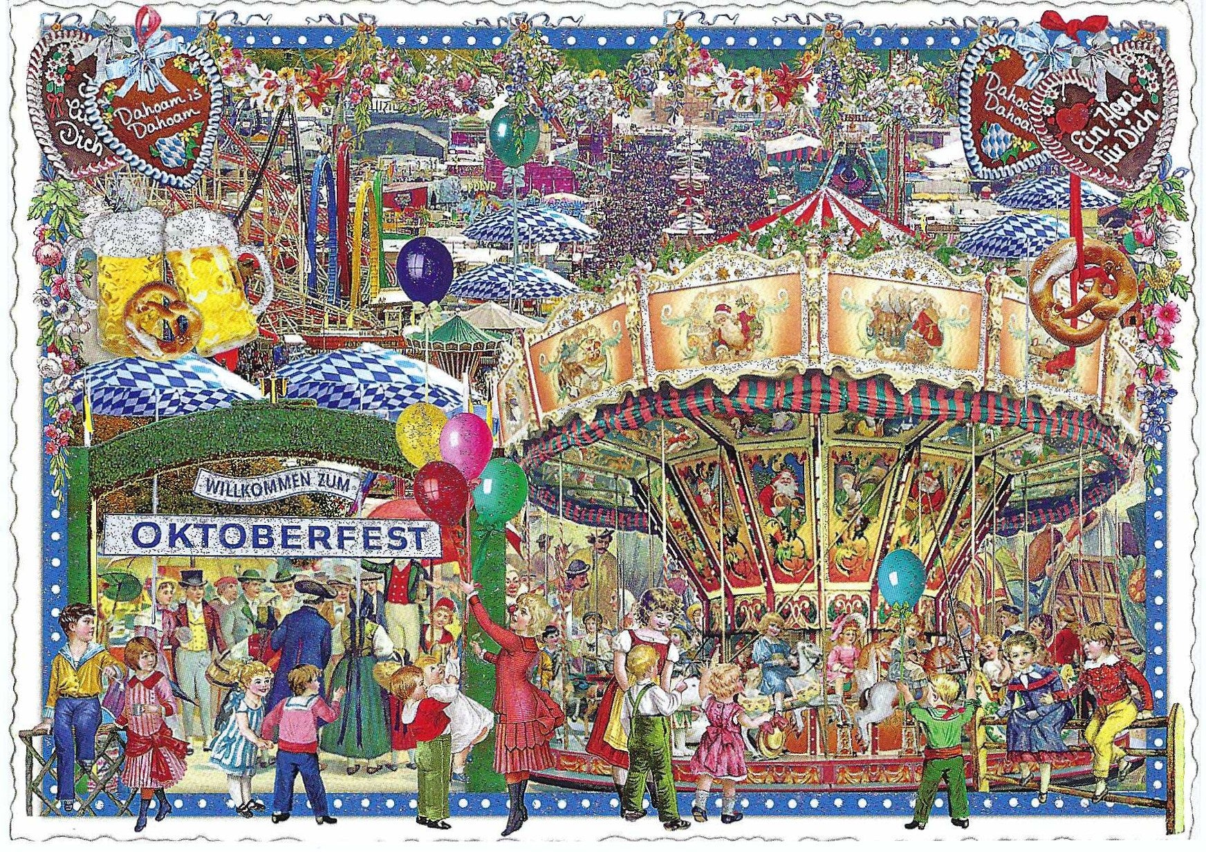 Oktoberfest Postcard by Barbara Behr with glitter details featuring a highly detailed, colorful Oktoberfest-themed illustration featuring a carousel, beer tents, pretzels, balloons, and people in traditional clothing, framed by a decorative border with hearts and pretzels.