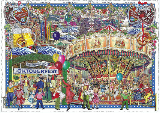 Oktoberfest Postcard by Barbara Behr with glitter details featuring a highly detailed, colorful Oktoberfest-themed illustration featuring a carousel, beer tents, pretzels, balloons, and people in traditional clothing, framed by a decorative border with hearts and pretzels.