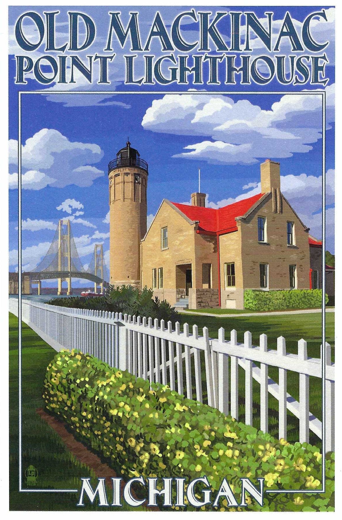 Old Mackinac Lighthouse, Michigan Postcard by Lantern Press featuring Old Mackinac Point Lighthouse in Michigan, showing the lighthouse and keeper's house under a blue sky with clouds, a white picket fence, and green hedges in the foreground.