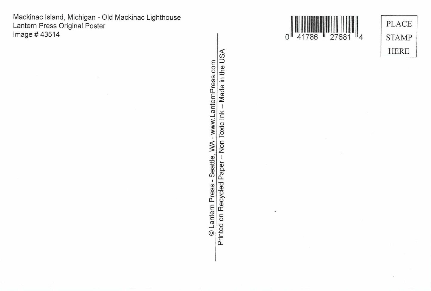 Lantern Press Postcard back with printed text reading 'Mackinac Island, Michigan - Old Mackinac Lighthouse', a barcode in the upper right, and a 'PLACE STAMP HERE' box in the top right corner.
