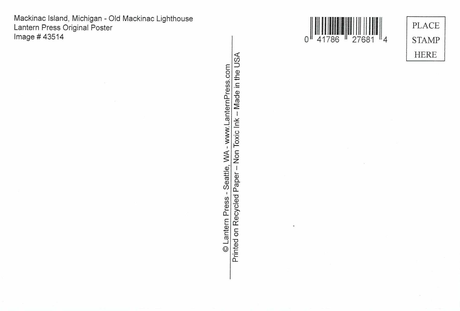 Lantern Press Postcard back with printed text reading 'Mackinac Island, Michigan - Old Mackinac Lighthouse', a barcode in the upper right, and a 'PLACE STAMP HERE' box in the top right corner.