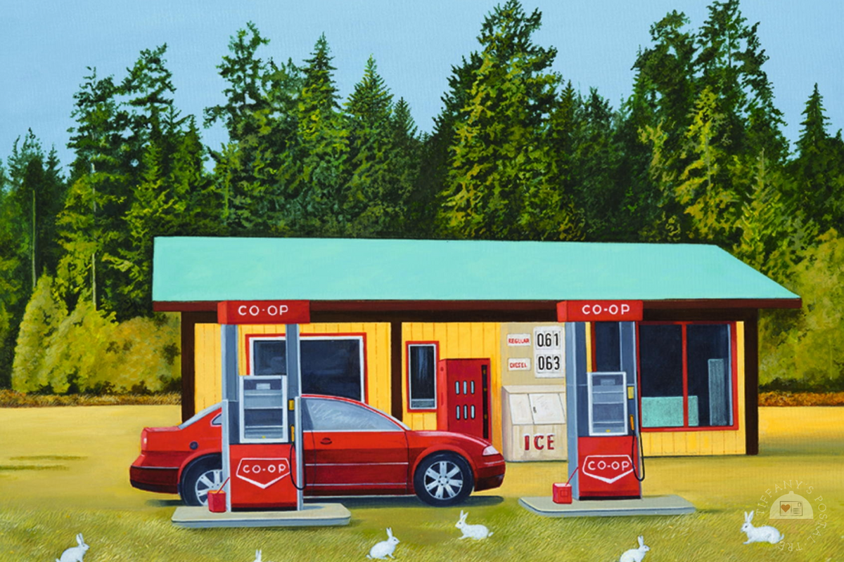 Once Upon a Time Postcard by Inkognito feturing a yellow and teal gas station with two red gas pumps, a red car parked at one pump, evergreen trees in the background, and white rabbits in the grass in the foreground.