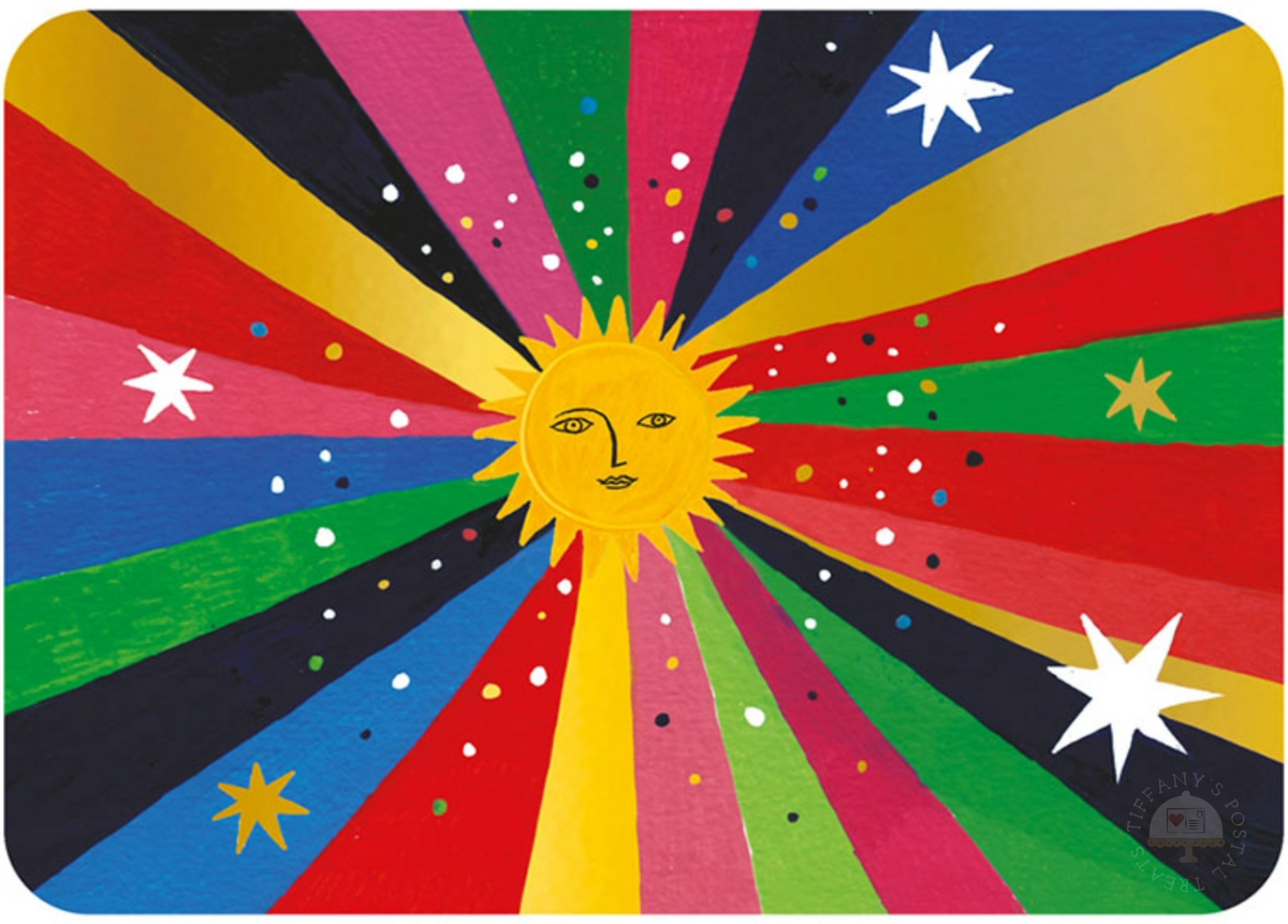 Only Happiness Postcard by Cartes d'Art  a sun with radiating stripes in red, gold, green, blue, pink, and black, with white and gold stars and small dots.