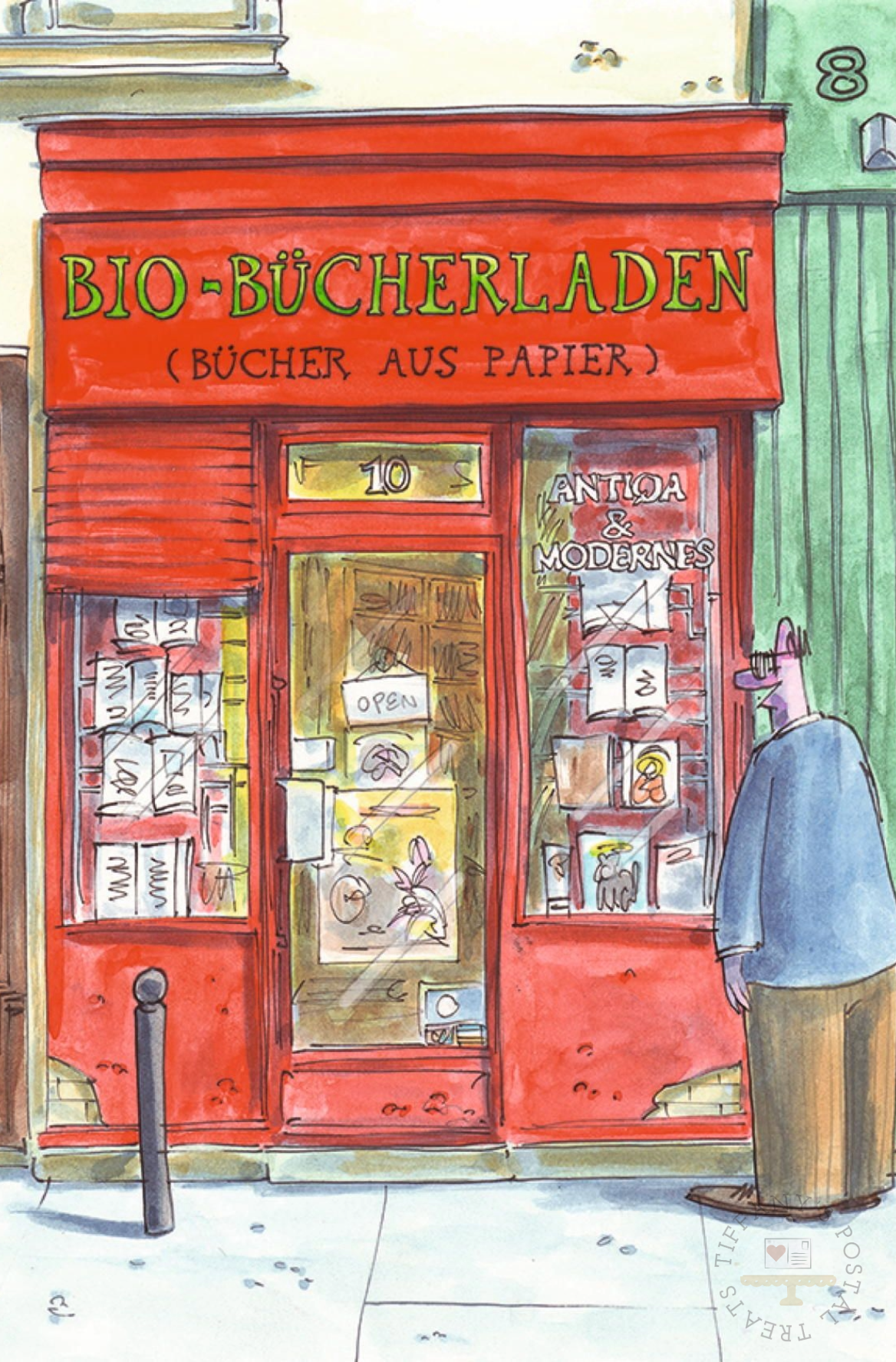 Organic Book Store Postcard by Inkognito featuring a red bookshop storefront with the German sign 'BIO-BÜCHERLADEN' above the entrance. A person in a blue shirt and brown pants stands on the sidewalk to the right, looking at the shop windows.