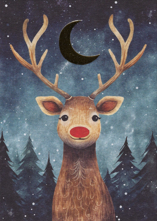 Reindeer Postcard - Winter Postcard - Christmas - Holiday - Postcrossing - Illustration of a deer with antlers and a red nose against a night sky with a moon and trees.