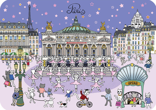 Cartes d'Art Paris Opera Garnier Postcard by Pascale Godard featuring an illustrated scene of Paris with famous landmarks and cat characters on a purple background.