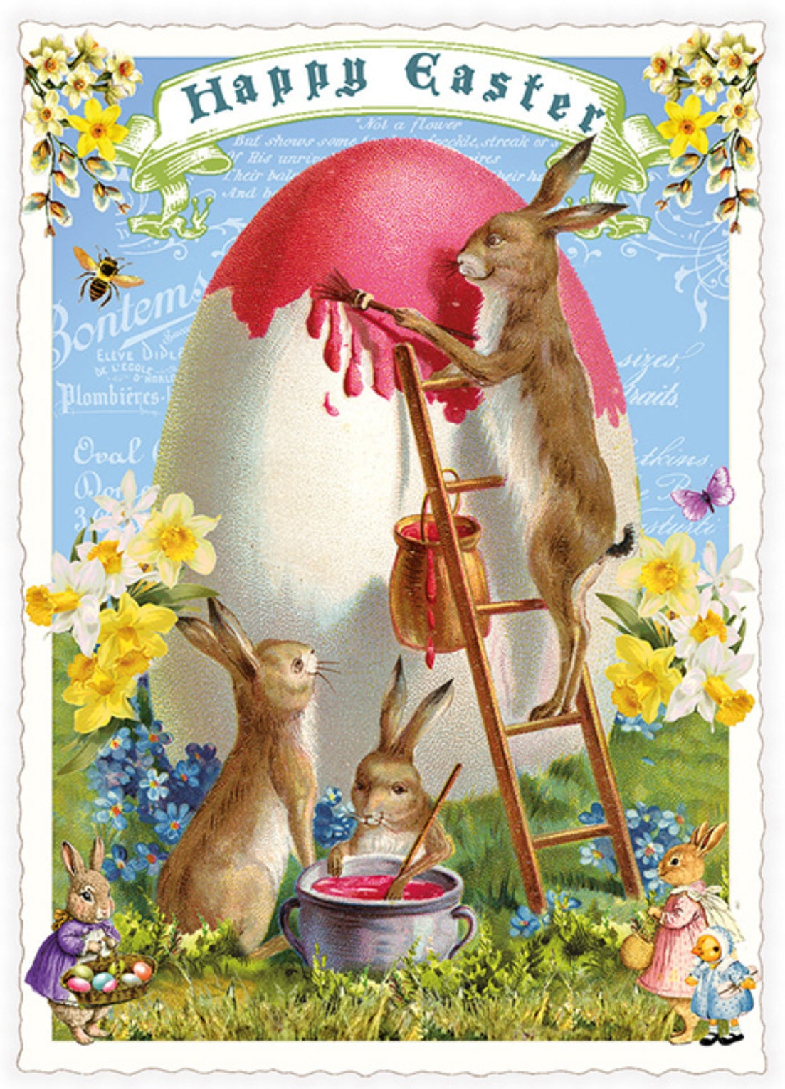 Vintage-style Happy Easter Postcard by Edition Tausendschön with bunnies painting a large egg, with flowers and butterflies.