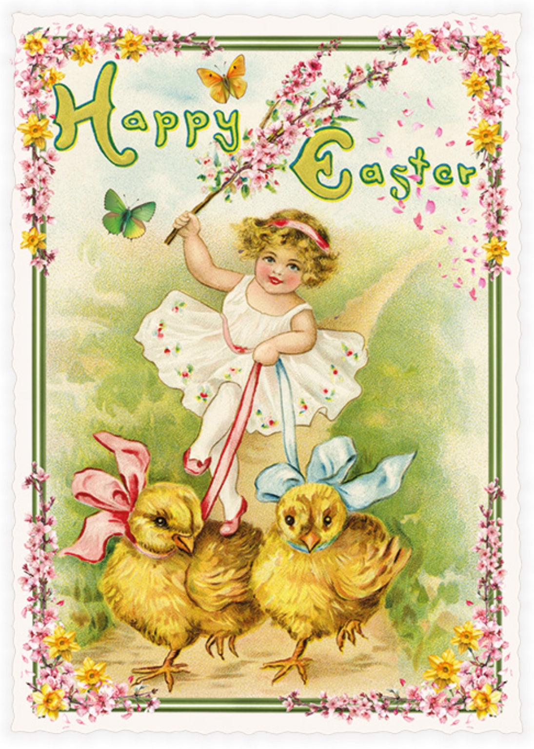 Vintage-style Easter Postcard by Edition Tausendschön with a child and chicks, featuring 'Happy Easter' text and floral decorations.