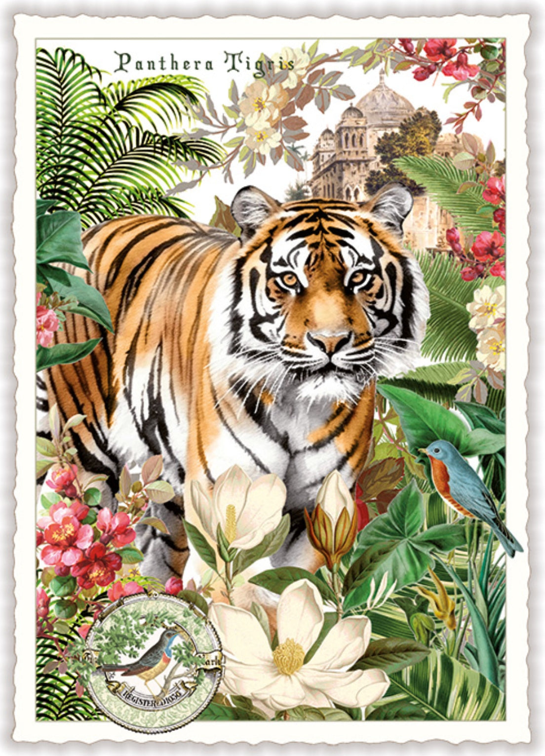 Tiger Postcard by Edition Tausendschön featuring a tiger surrounded by tropical plants and flowers and a bird