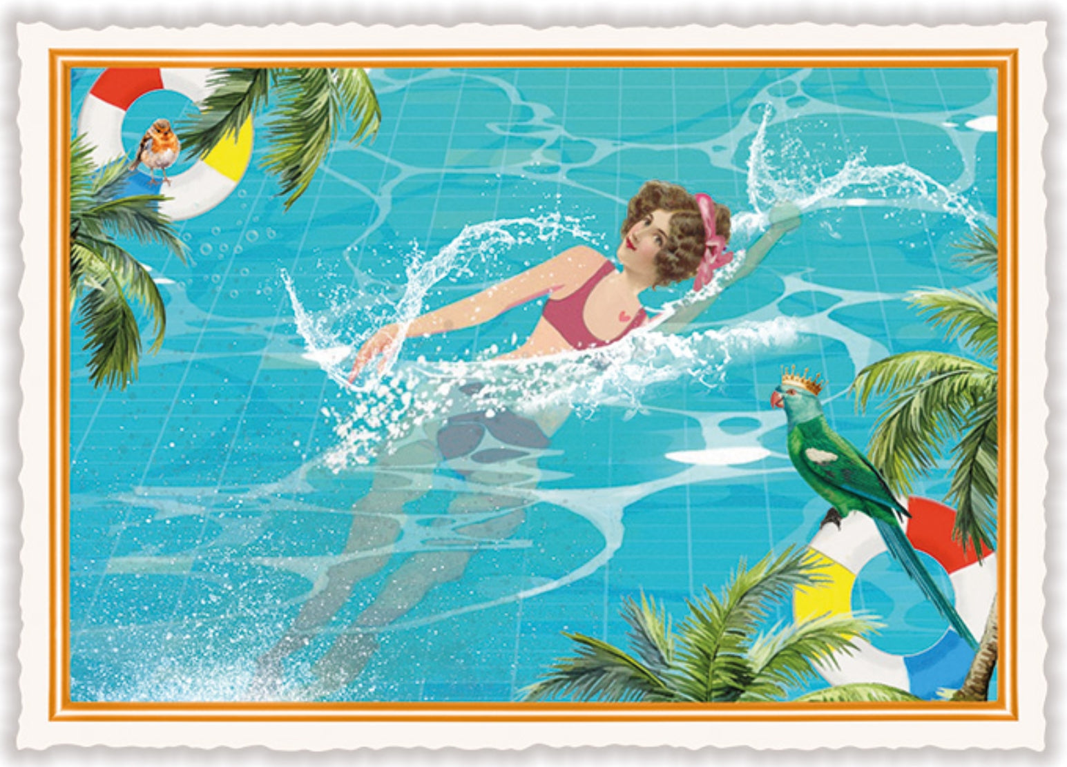 Mermaid Postcard by Edition Tausendschön featuring a woman swimming in a pool with a parrot, surrounded by palm trees and colorful objects.