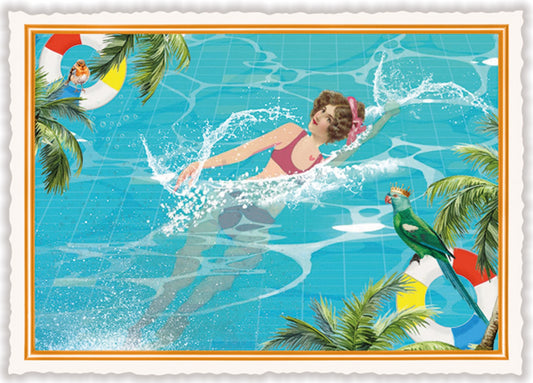 Mermaid Postcard by Edition Tausendschön featuring a woman swimming in a pool with a parrot, surrounded by palm trees and colorful objects.