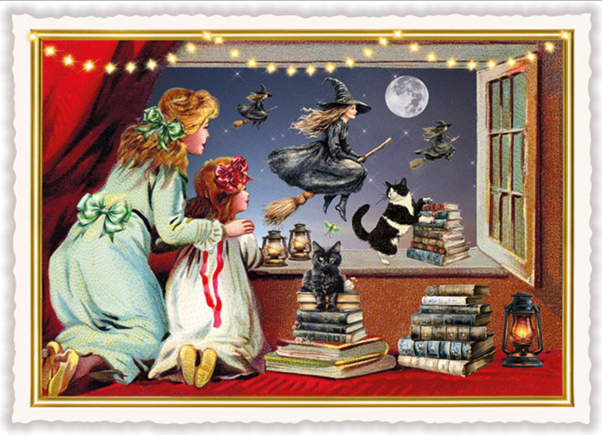 Witches Halloween Postcard by Edition Tausendschön featuring two children by a window with flying witches and cats and books.