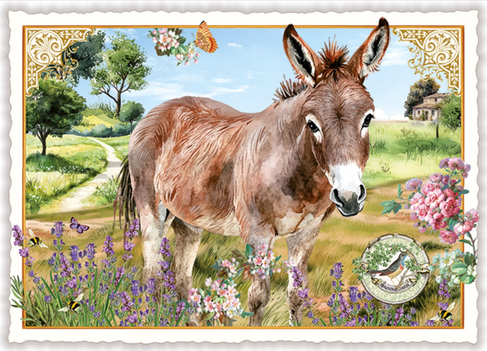 Donkey Postcard by Edition Tausendschön featuring a donkey standing in a colorful field with flowers and butterflies