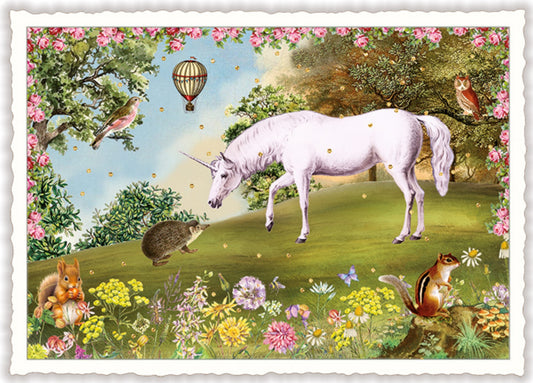 Unicorn Postcard by Edition Tausendschön featuring a unicorn and animals in a fantasy garden with flowers and a balloon
