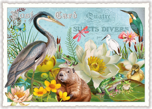 Vintage-style Water Idyll Postcard by Edition Tausendschön with nature-themed illustration of animals and plants.