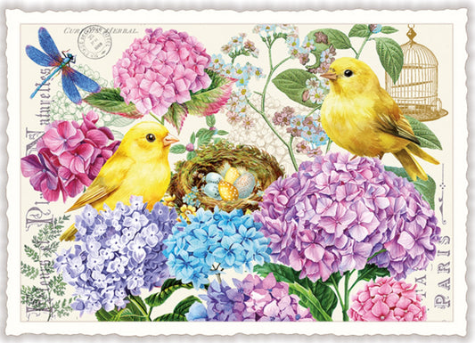 Hydrangea Postcard by Edition Tausendschön featuring an illustration of yellow birds, hydrangeas, and a nest on a decorative card.