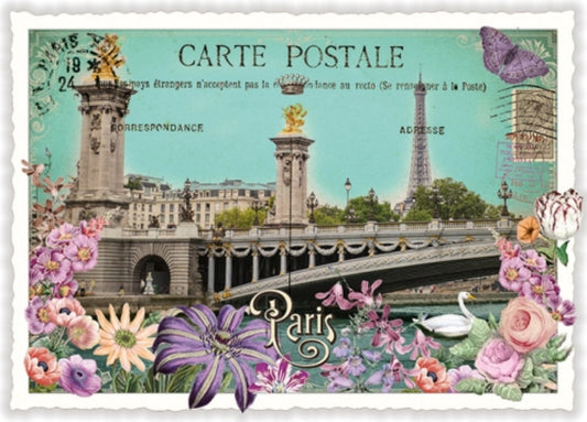 Edition Tausendschön vintage-style postcard of Paris with flowers and architectural elements.