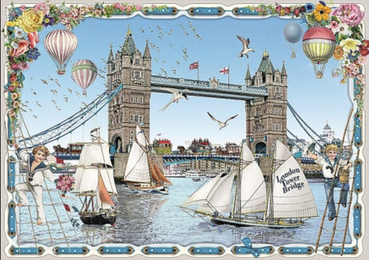 London Tower Bridge Postcard by Barbara Behr featuring an illustration of Tower Bridge with boats and hot air balloons, framed by decorative elements.