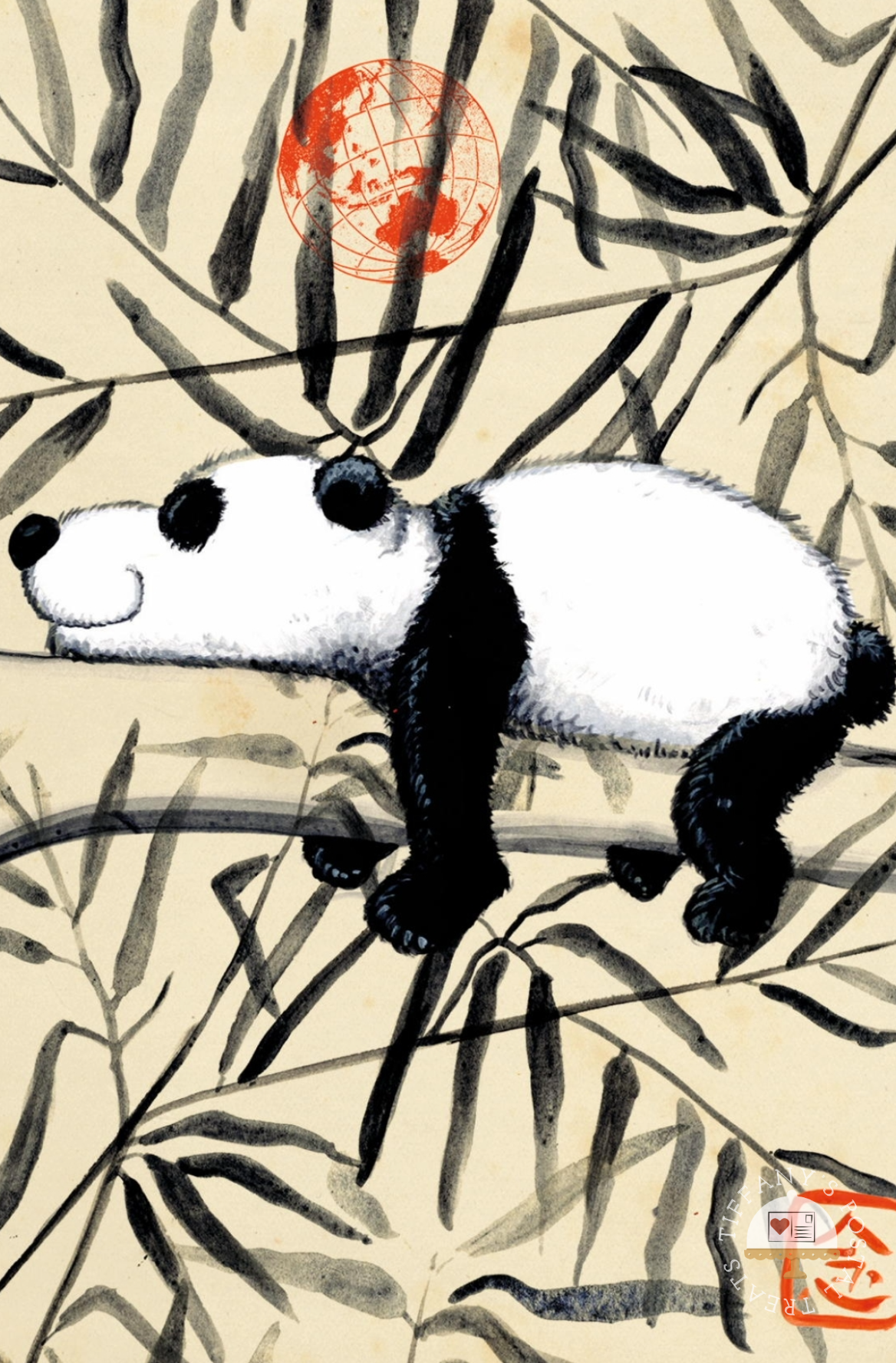 Panda Postcard by Inkognito featuring a panda laying on bamboo branches on a beige background.