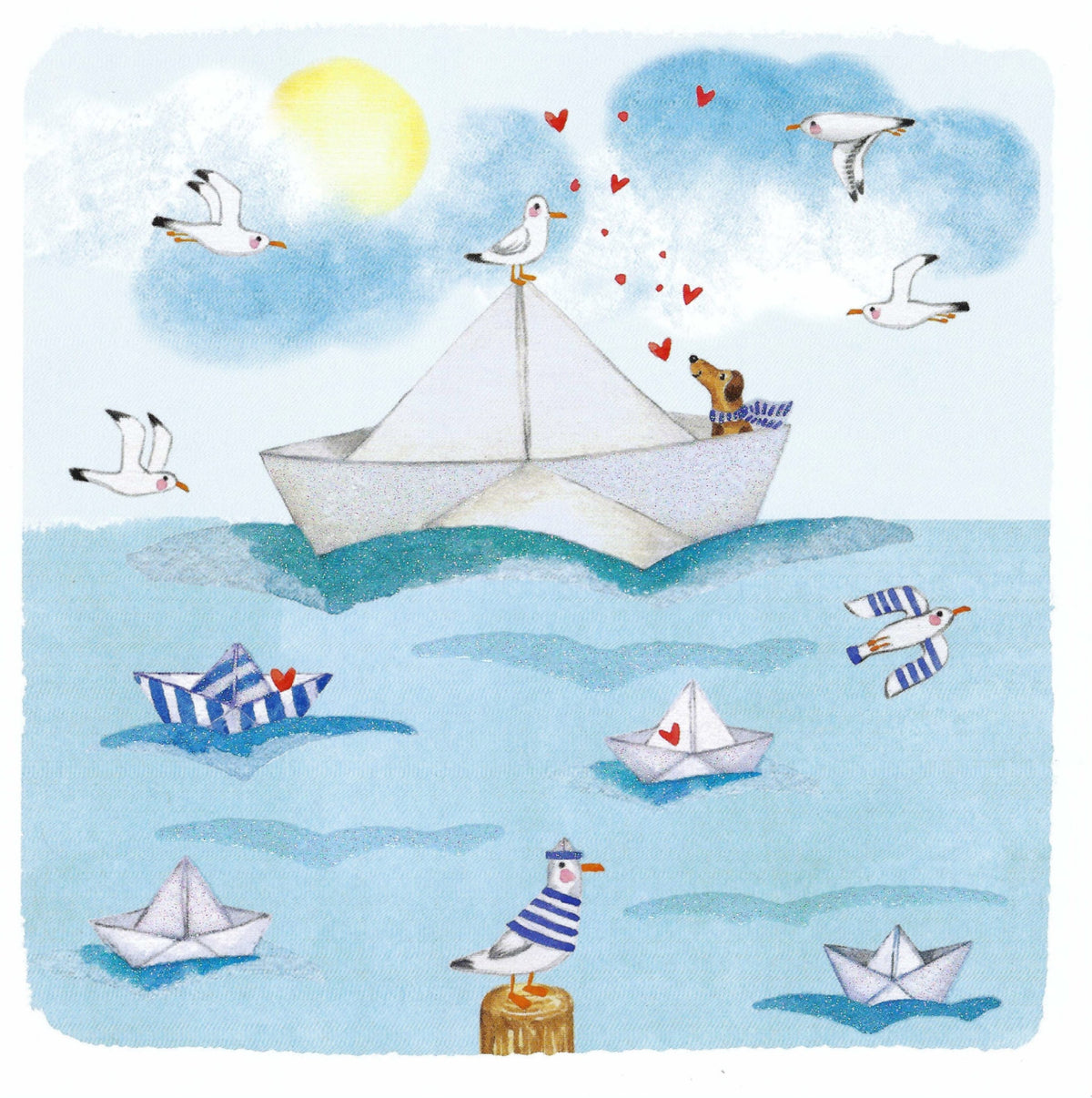 Paper Boat with Dog and Seagulls Postcard by Edition Gollong featuring an illustration of paper boats and seagulls