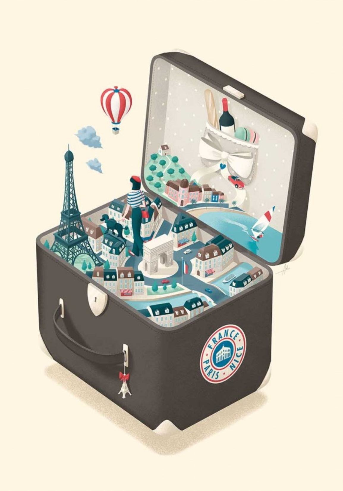 Paris Travel Postcard by Andrea de Santis featuring an illustration of a suitcase with a miniature cityscape and Paris-themed items.