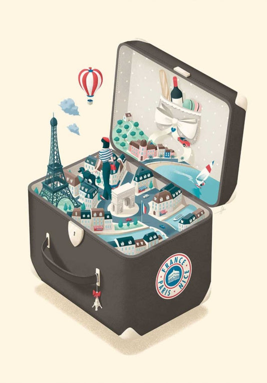 Paris Travel Postcard by Andrea de Santis featuring an illustration of a suitcase with a miniature cityscape and Paris-themed items.