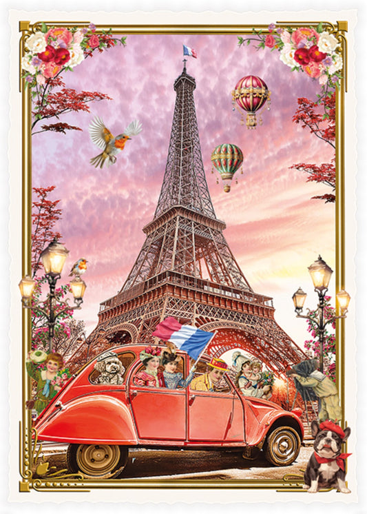 Paris - Eiffel Tower and Citroën Postcard by Edition Tausendschön featuring an Illustration of the Eiffel Tower with a red car and people and a French Bulldog