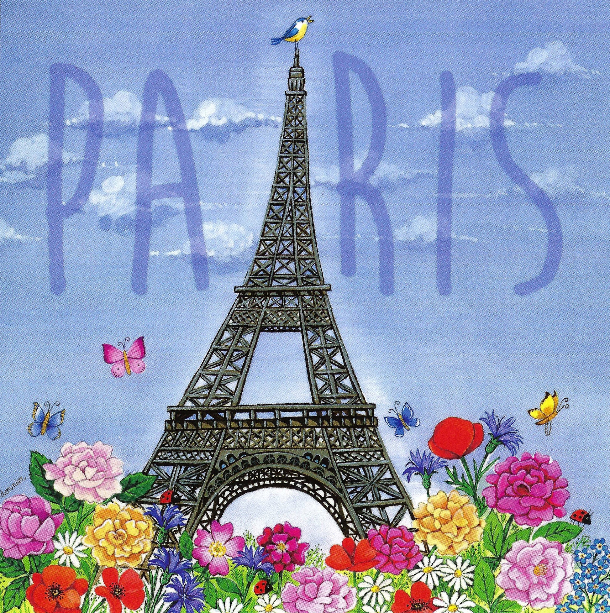Paris - Eiffel Tower Postcard by Christine Donnier - Editions Titi Pinson featuring the Eiffel Tower with colorful flowers and butterflies against a blue sky.