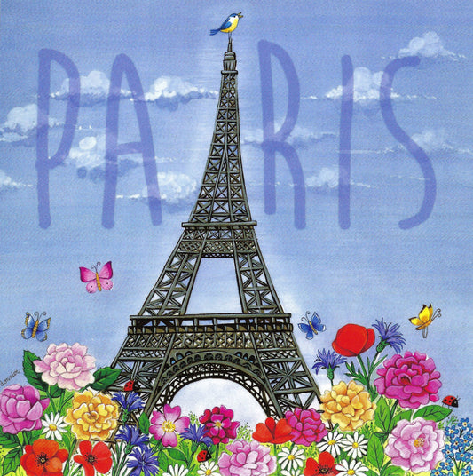 Paris - Eiffel Tower Postcard by Christine Donnier - Editions Titi Pinson featuring the Eiffel Tower with colorful flowers and butterflies against a blue sky.