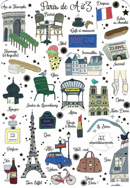Paris Alphabet Postcard by Cartes d'Art featuring iconic Paris landmarks and symbols, including the Eiffel Tower, Arc de Triomphe, Notre-Dame Cathedral, a Paris Métro entrance, French flag, café table, croissant, wine, perfume, ballet shoes, bicycle, taxi, and charming Parisian buildings.
