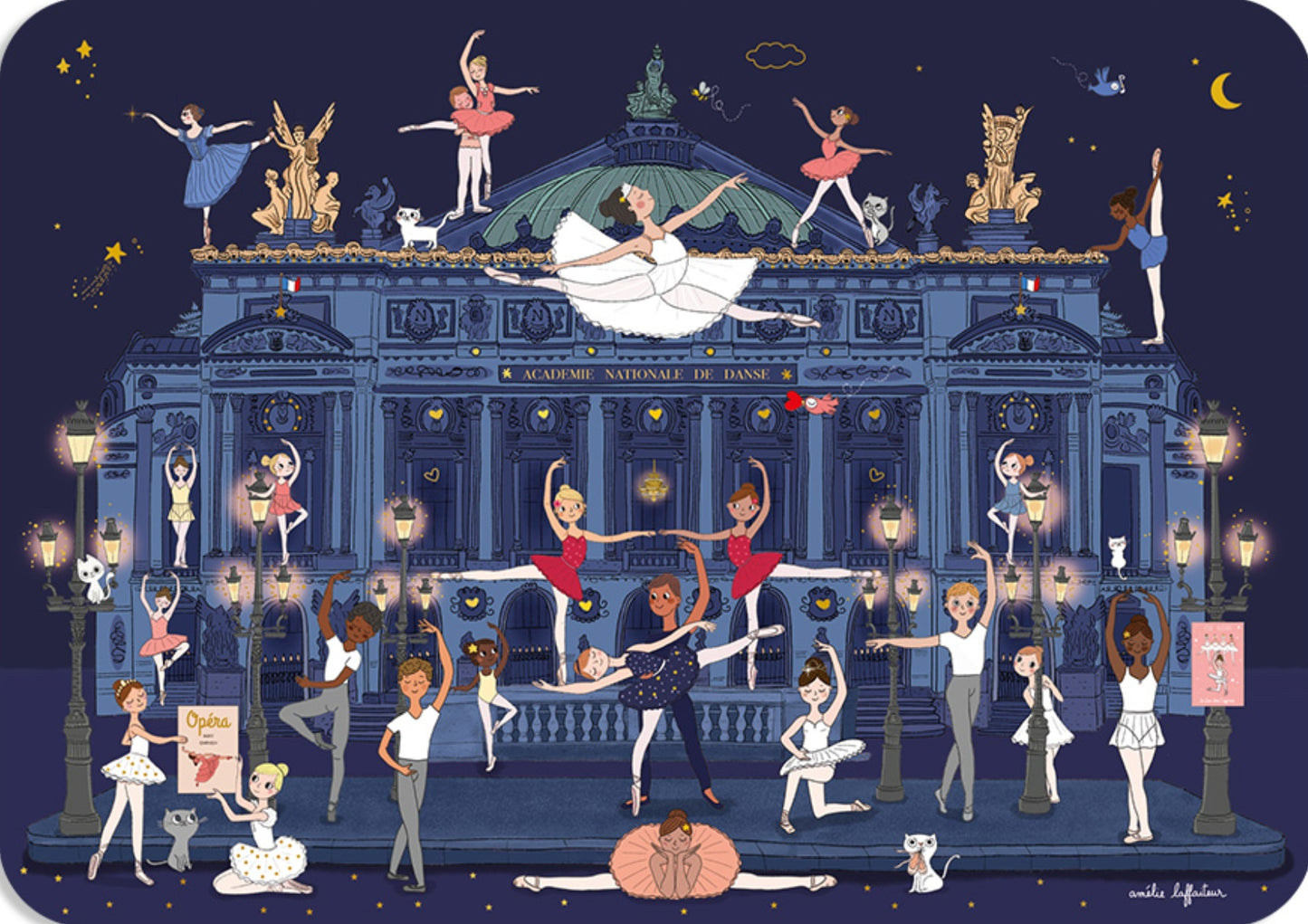 Paris Ballet Postcard by Cartes d'Art illustrated by Amélie Laffaiteur featuring ballet dancers around a theater facade, set against a Paris night sky.