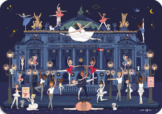Paris Ballet Postcard by Cartes d'Art illustrated by Amélie Laffaiteur featuring ballet dancers around a theater facade, set against a Paris night sky.