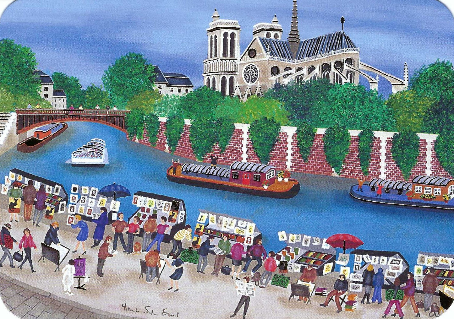 Paris Booksellers Postcard by Cartes d'Art featuring a Parisian scene with Notre-Dame Cathedral, boats on the Seine, and people shopping along the riverbank.