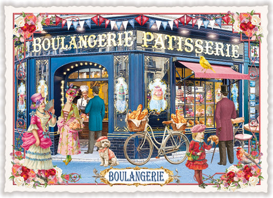 Paris Boulangerie Patisserie Postcard by Edition Tausendschön featuring a Boulangerie Patisserie with people and a bicycle in front