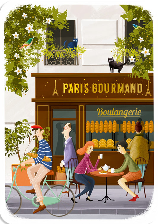 Cartes d'Art Boulangerie postcard featuring an illustration of people at a boulangerie named 'Paris Gourmand' with black cats, greenery and birds.