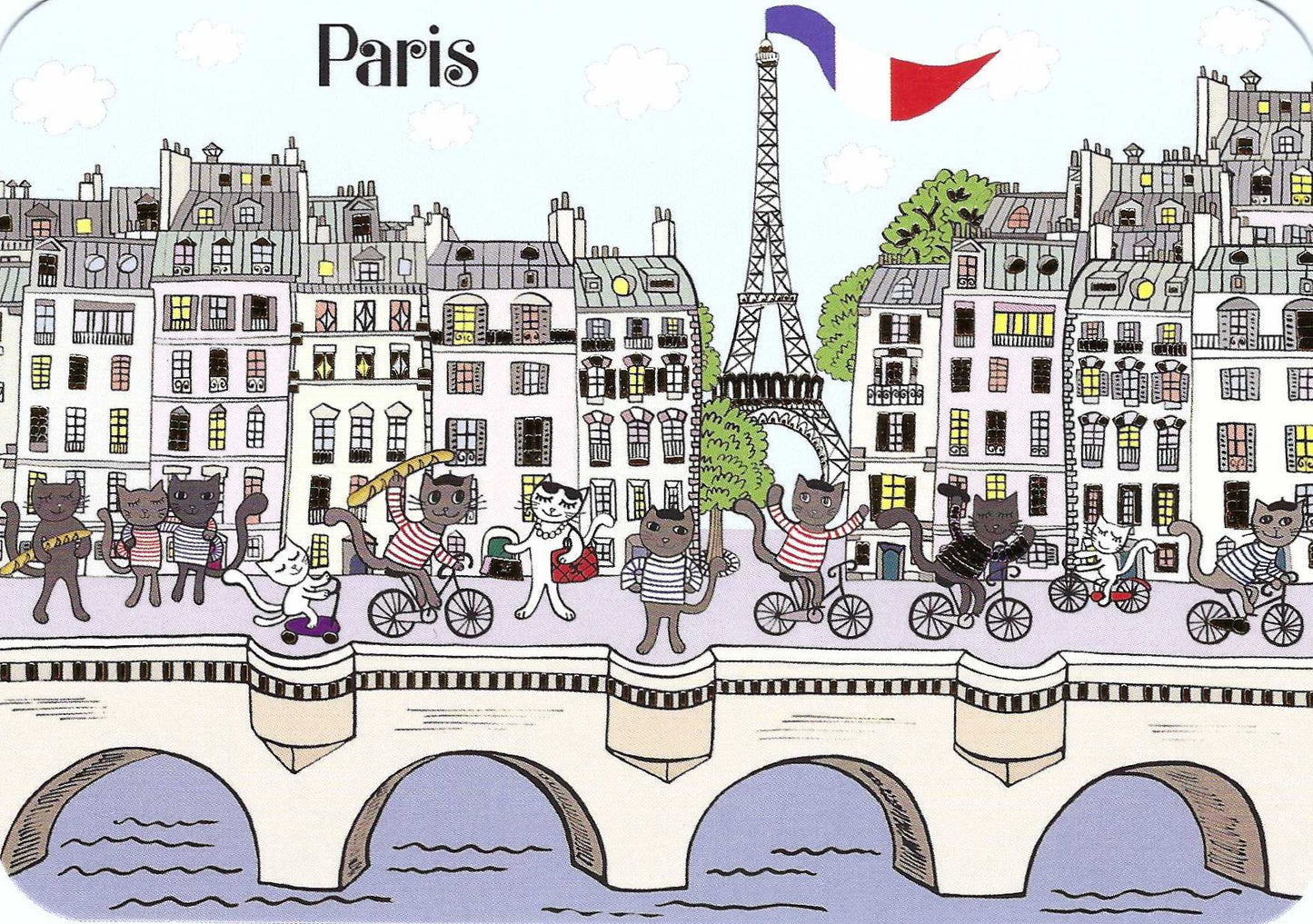 Paris Cats along the River Seine Postcard by Cartes d'Art featuring an illustration of a bridge in Paris with cats riding bicycles near the Eiffel Tower.